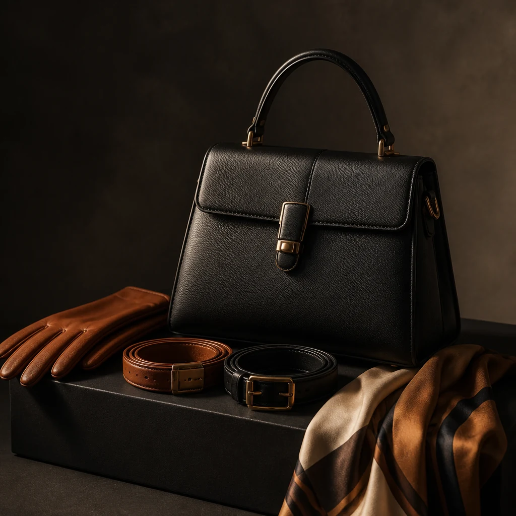 Leather handbag, gloves and belts arranged on a low plinth