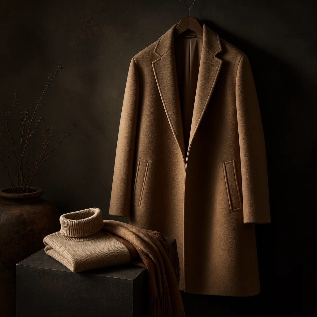 Cashmere overcoat and folded knitwear stacked on a dark table