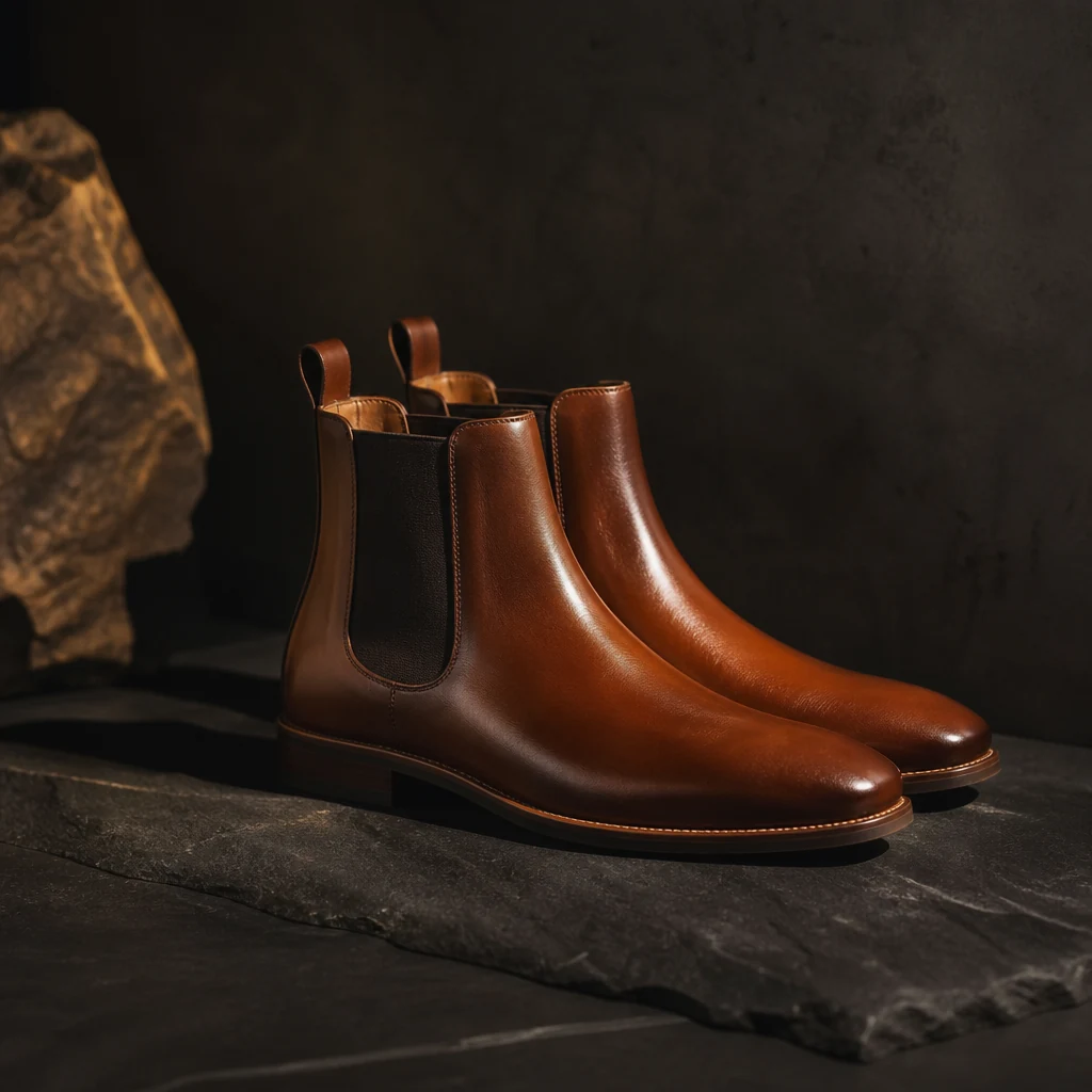 Pair of leather Chelsea boots on a dark matte surface
