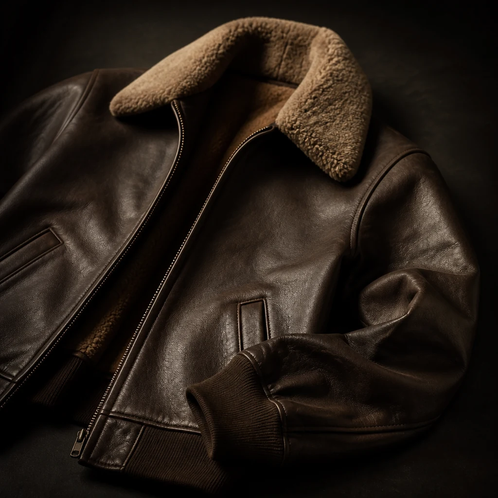 Leather jacket with fur-trimmed collar photographed on a dark surface