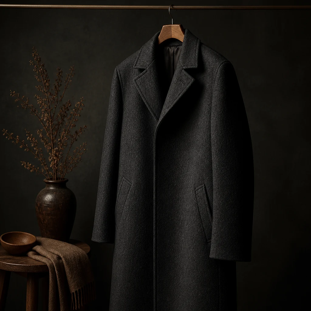 Wool overcoat on a hanger against a dark studio background