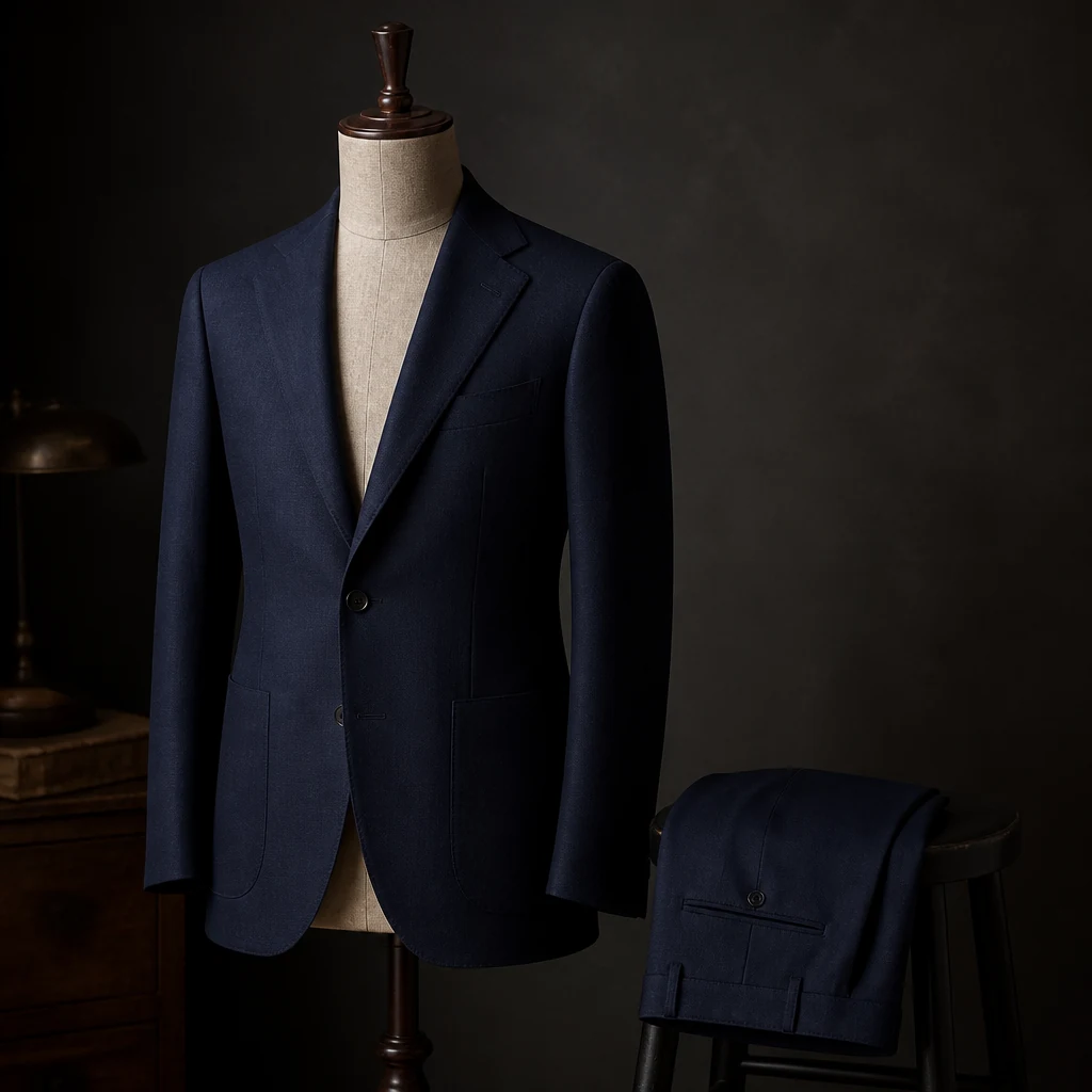 Wool suit jacket and trousers laid out under soft studio light