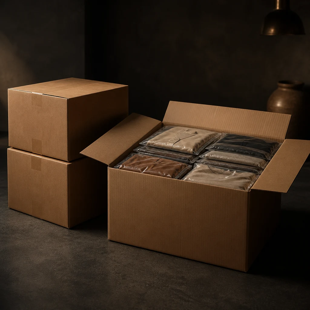 Packed wholesale consignment of folded garments in protective covers