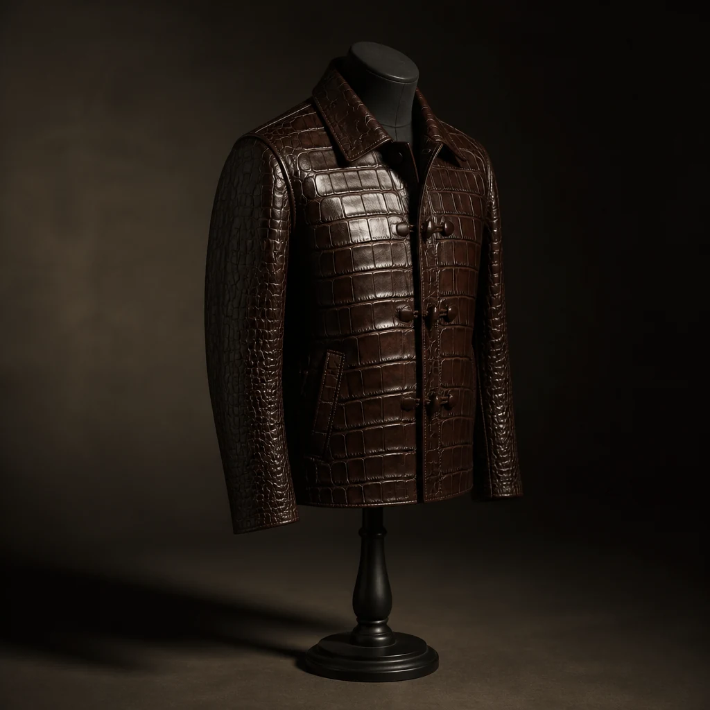 Crocodile leather jacket on a mannequin lit from one side in a dark studio