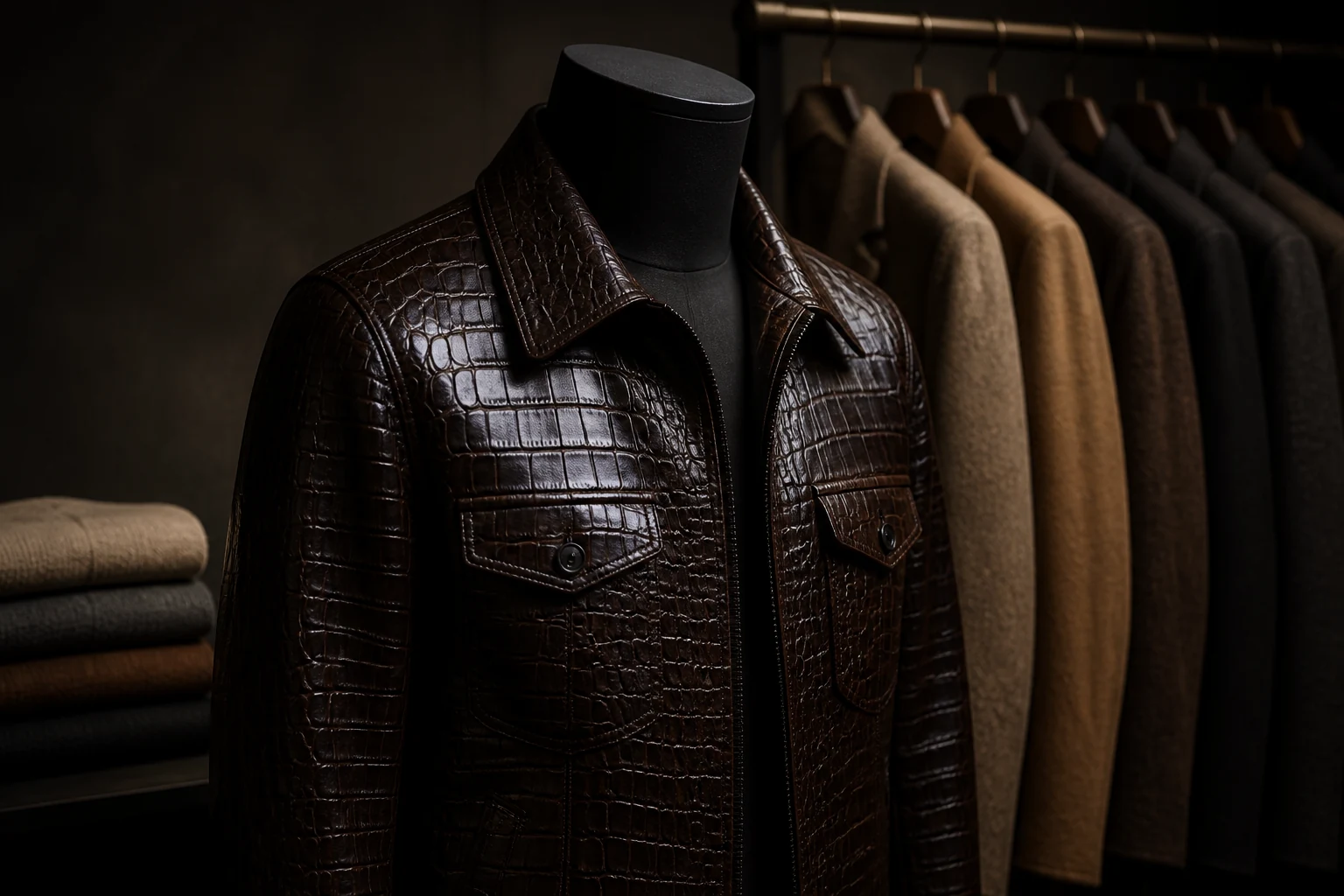 Crocodile leather jacket in onyx on a mannequin under low studio light, with cashmere coats on a rail behind it