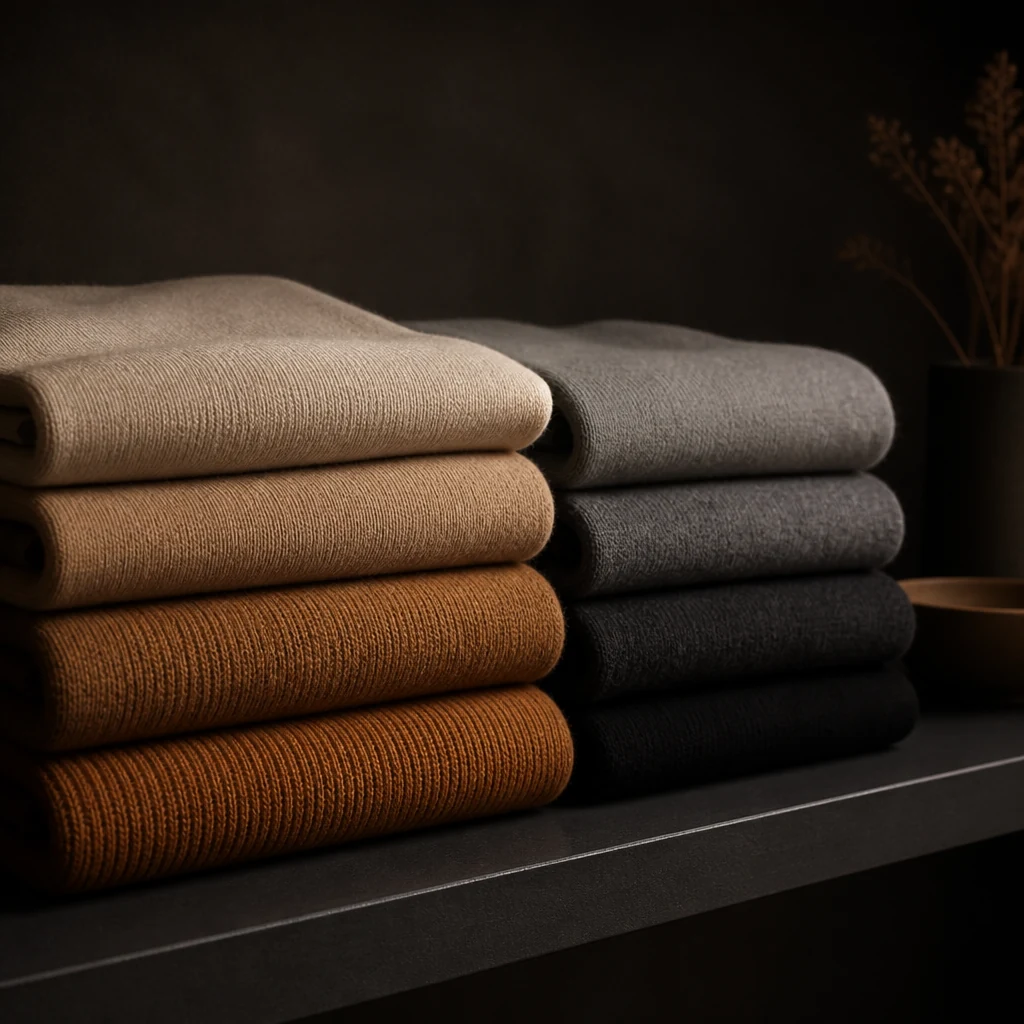 Neatly folded stacks of knitwear on a dark shelf in a showroom