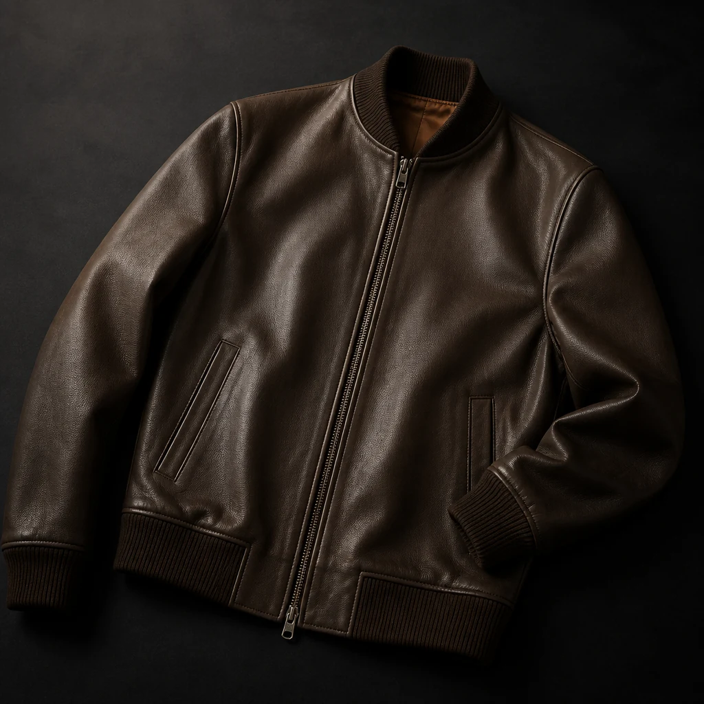 Dark brown nappa leather blouson laid flat on a matte dark surface
