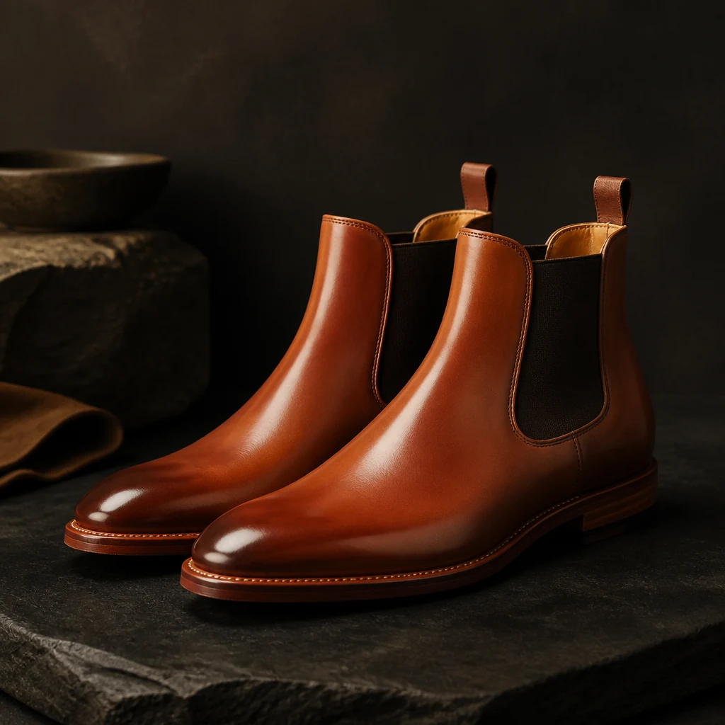 Pair of cognac leather Chelsea boots on a dark stone surface