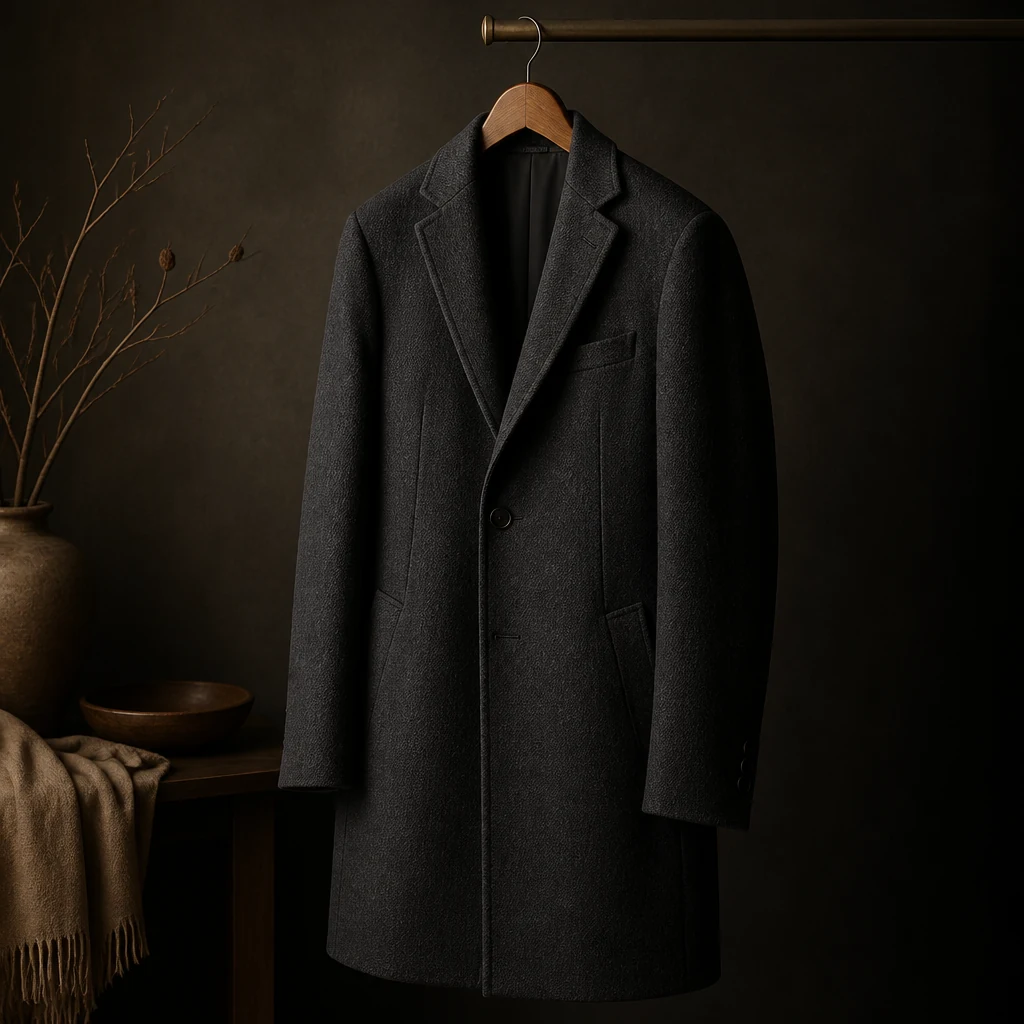 Charcoal wool-cashmere overcoat on a wooden hanger against a dark studio wall
