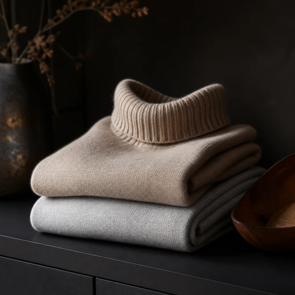 Folded four-ply cashmere roll neck sweaters in sand and grey on a dark shelf