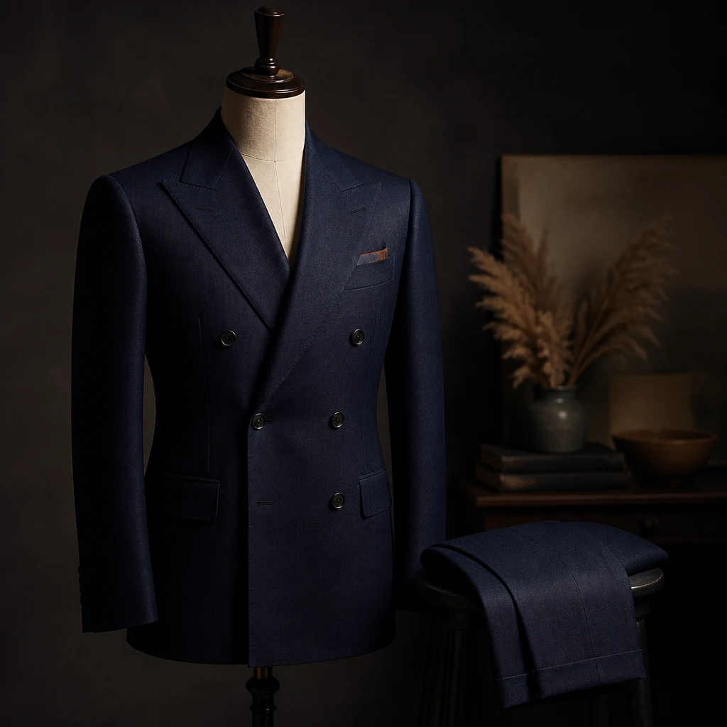 Midnight blue double-breasted wool suit on a tailor's dress form