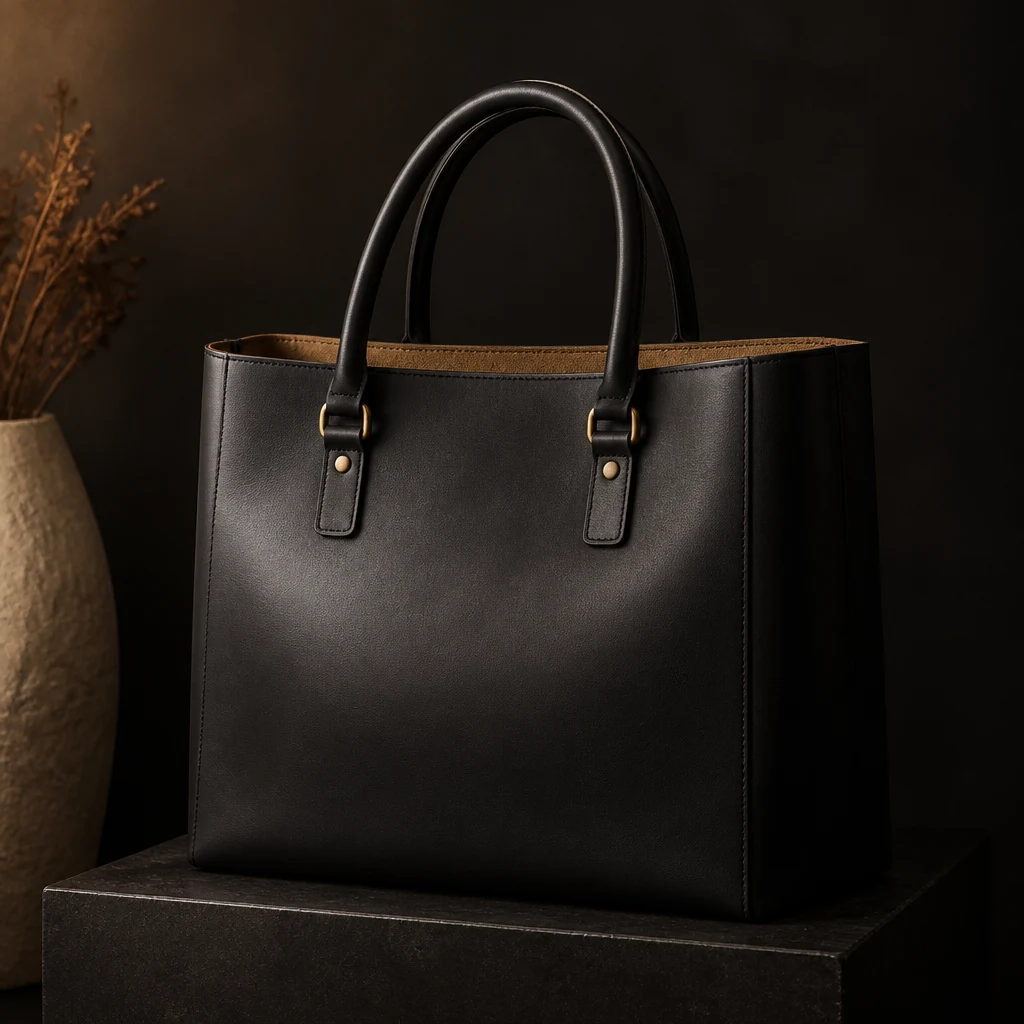 Structured black leather tote bag standing on a low dark plinth
