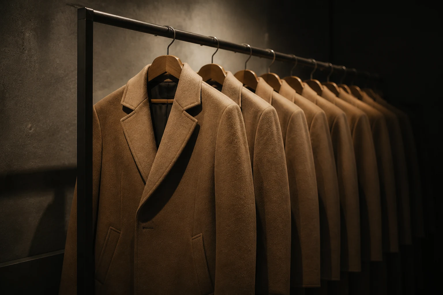 Rail of identical wool overcoats in a dim showroom