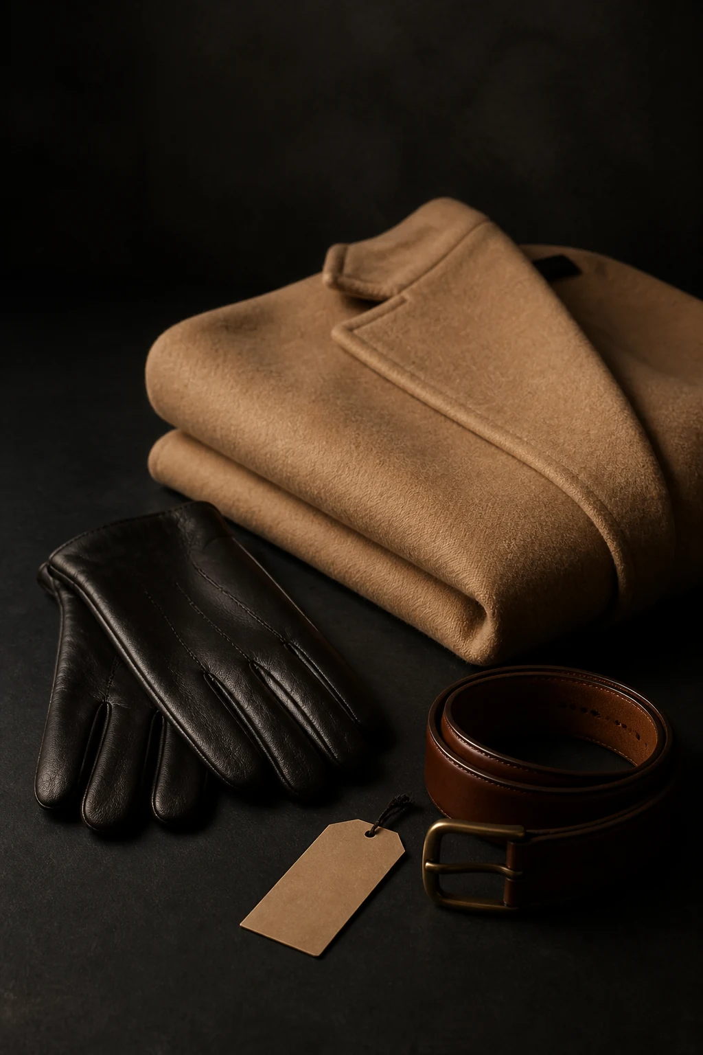Leather gloves and a folded coat arranged on a dark table in low light